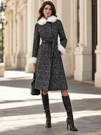 Faux Fur Collar Tweed Belted Long Coat