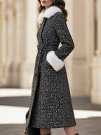 Faux Fur Collar Tweed Belted Long Coat