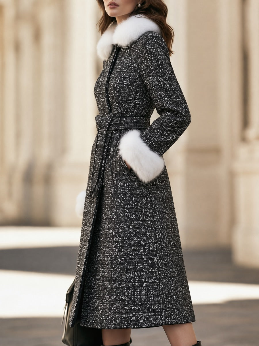 Faux Fur Collar Tweed Belted Long Coat