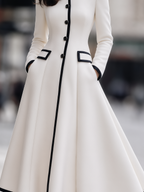 Contrast Piped Stand-Collar Button-Front Fit-and-Flare Midi Coat