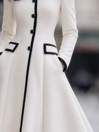 Contrast Piped Stand-Collar Button-Front Fit-and-Flare Midi Coat
