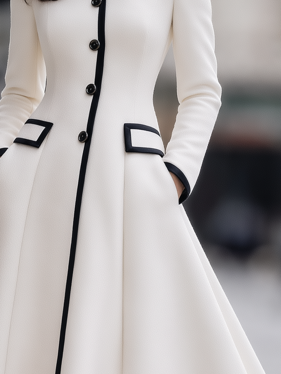 Contrast Piped Stand-Collar Button-Front Fit-and-Flare Midi Coat