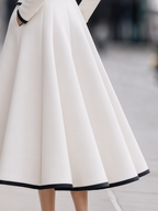 Contrast Piped Stand-Collar Button-Front Fit-and-Flare Midi Coat
