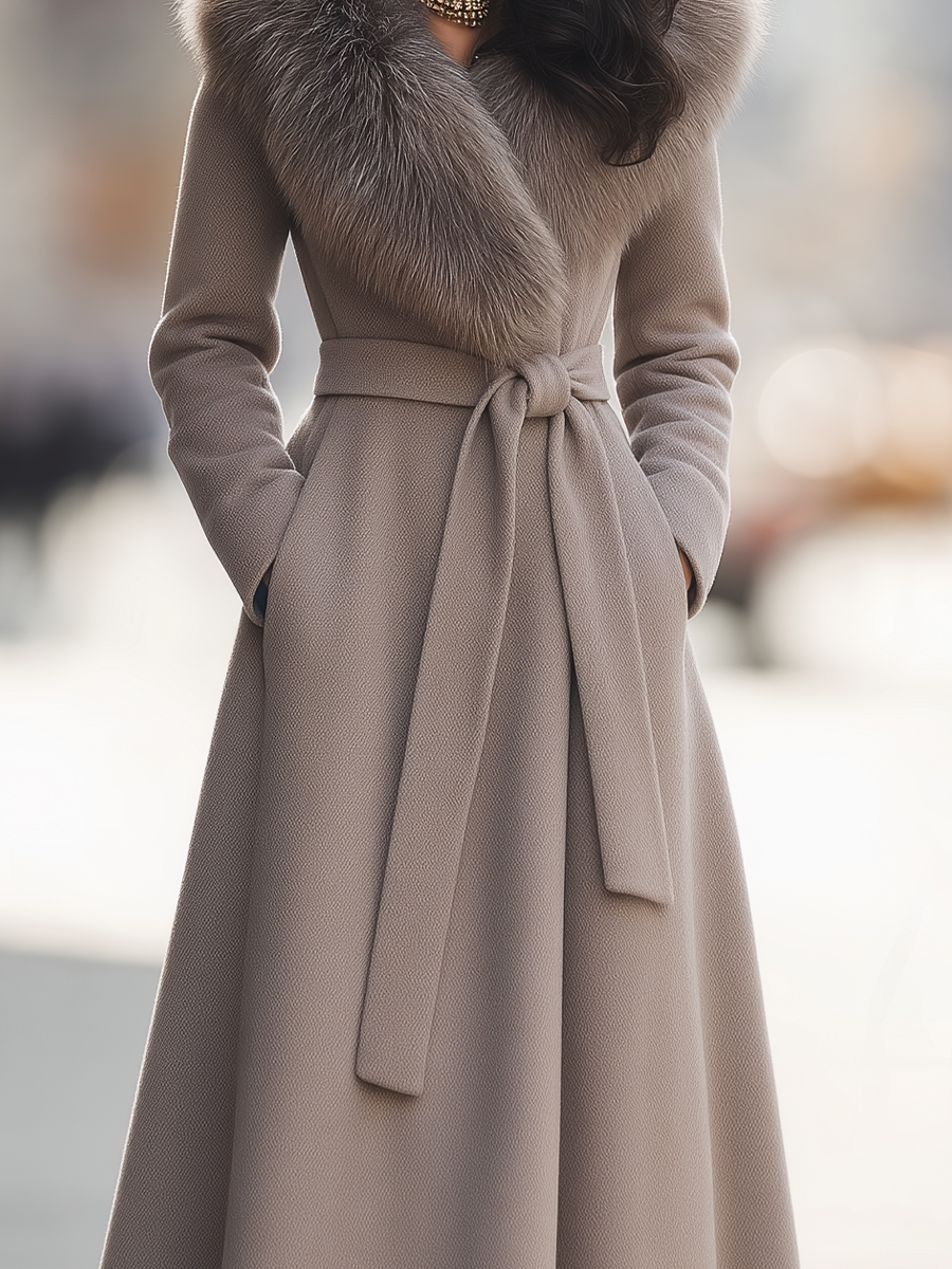 Faux Fur Shawl-Collar Belted Wool Fit-and-Flare Maxi Coat