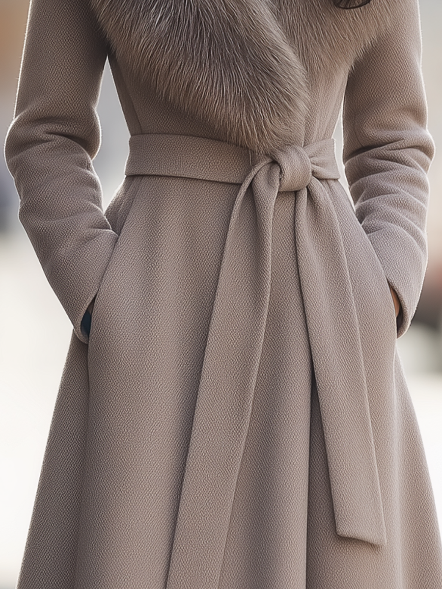 Faux Fur Shawl-Collar Belted Wool Fit-and-Flare Maxi Coat