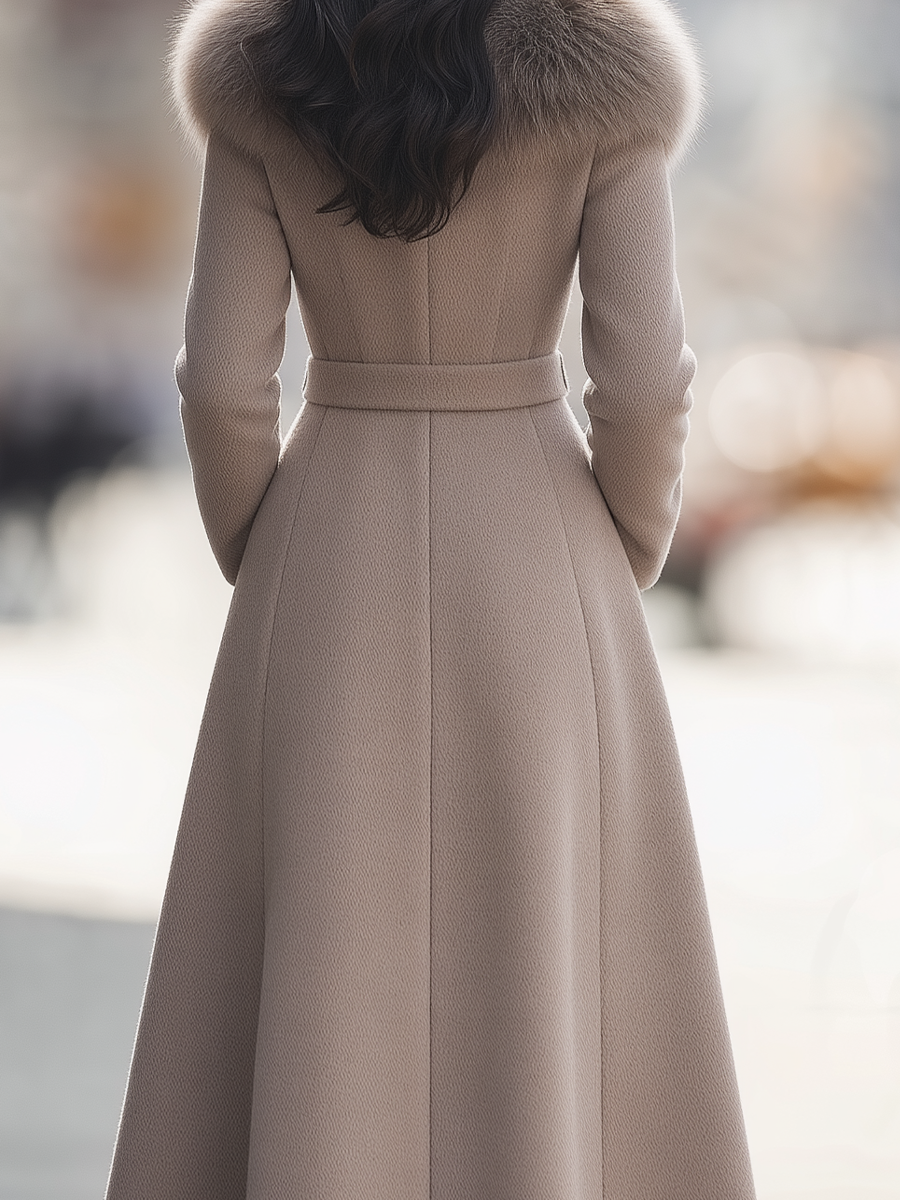 Faux Fur Shawl-Collar Belted Wool Fit-and-Flare Maxi Coat