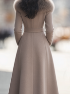Faux Fur Shawl-Collar Belted Wool Fit-and-Flare Maxi Coat