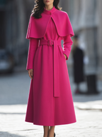 Wool Stand-Collar Caplet Overlay Belted Fit-and-Flare Maxi Coat