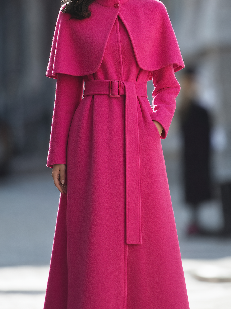 Wool Stand-Collar Caplet Overlay Belted Fit-and-Flare Maxi Coat
