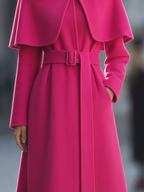 Wool Stand-Collar Caplet Overlay Belted Fit-and-Flare Maxi Coat