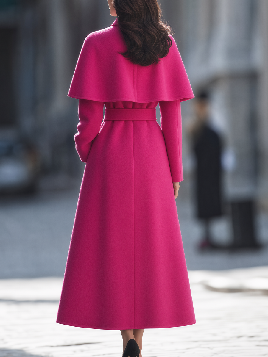 Wool Stand-Collar Caplet Overlay Belted Fit-and-Flare Maxi Coat