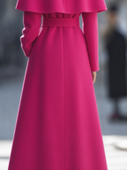 Wool Stand-Collar Caplet Overlay Belted Fit-and-Flare Maxi Coat