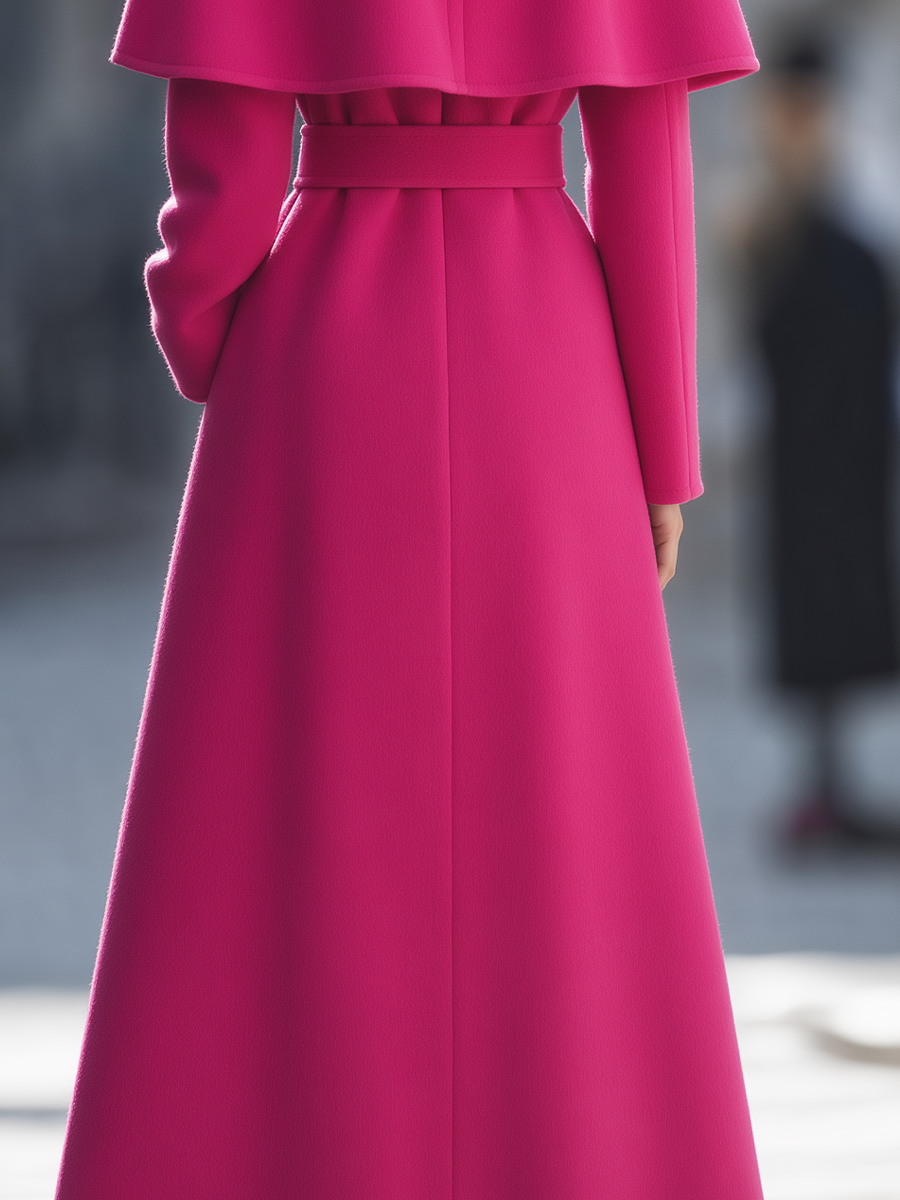 Wool Stand-Collar Caplet Overlay Belted Fit-and-Flare Maxi Coat
