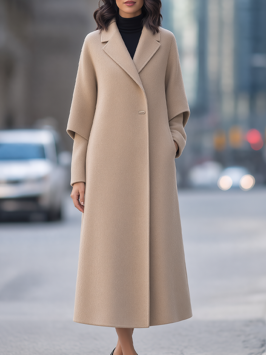 Wool Notched-Lapel Single-Button A-Line Longline Maxi Coat