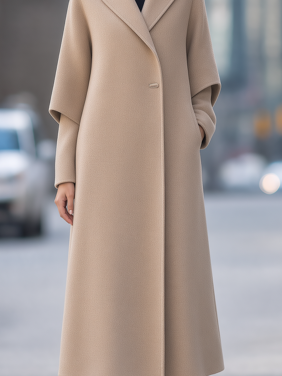 Wool Notched-Lapel Single-Button A-Line Longline Maxi Coat
