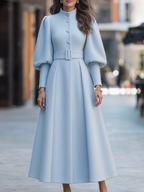 Wool Stand-Collar Lantern-Sleeve Belted Fit-and-Flare Midi Coat