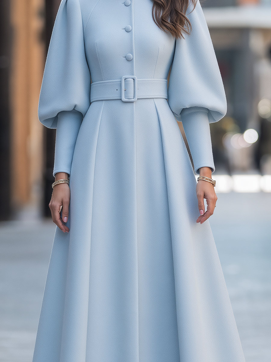Wool Stand-Collar Lantern-Sleeve Belted Fit-and-Flare Midi Coat