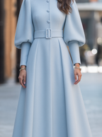 Wool Stand-Collar Lantern-Sleeve Belted Fit-and-Flare Midi Coat