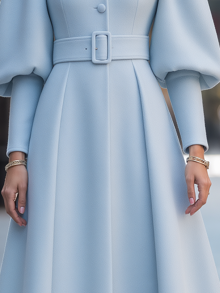 Wool Stand-Collar Lantern-Sleeve Belted Fit-and-Flare Midi Coat