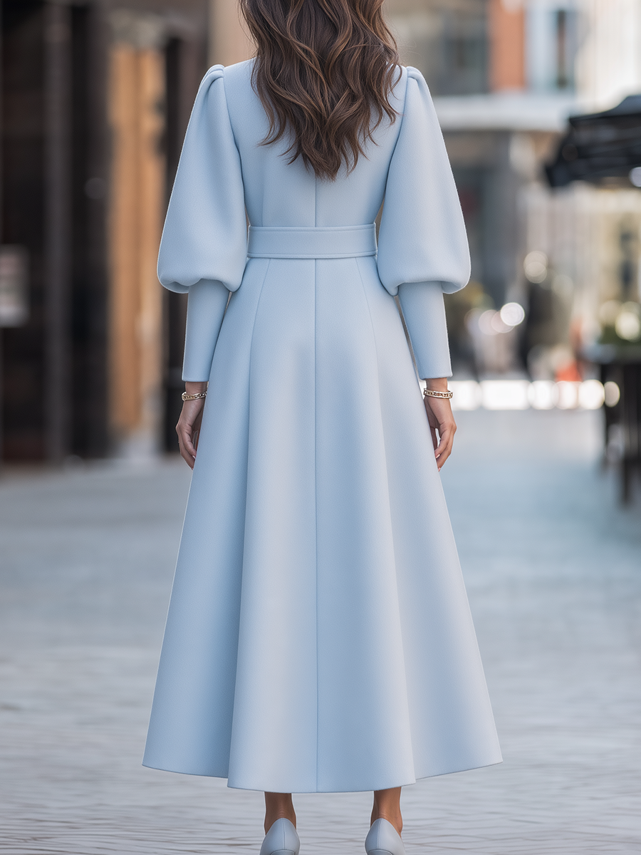Wool Stand-Collar Lantern-Sleeve Belted Fit-and-Flare Midi Coat