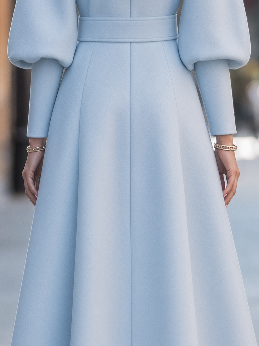 Wool Stand-Collar Lantern-Sleeve Belted Fit-and-Flare Midi Coat