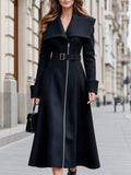 Oversized Collar Belted Zip-Front Coat Dress