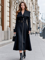 Oversized Collar Belted Zip-Front Coat Dress