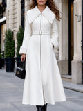 Women's Long Wool-Blend Coat with Shearling Collar & Belted Waist
