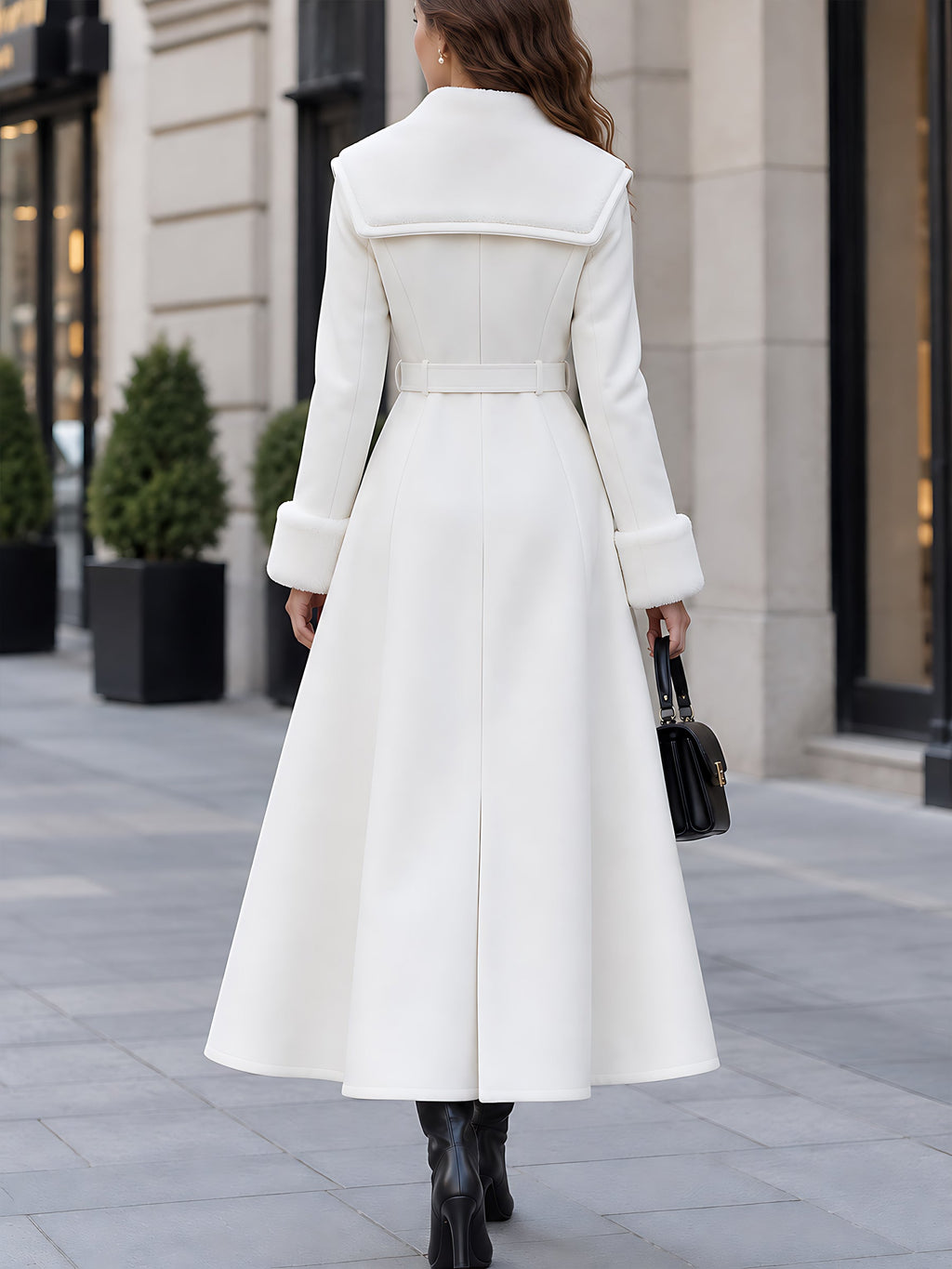 Women's Long Wool-Blend Coat with Shearling Collar & Belted Waist