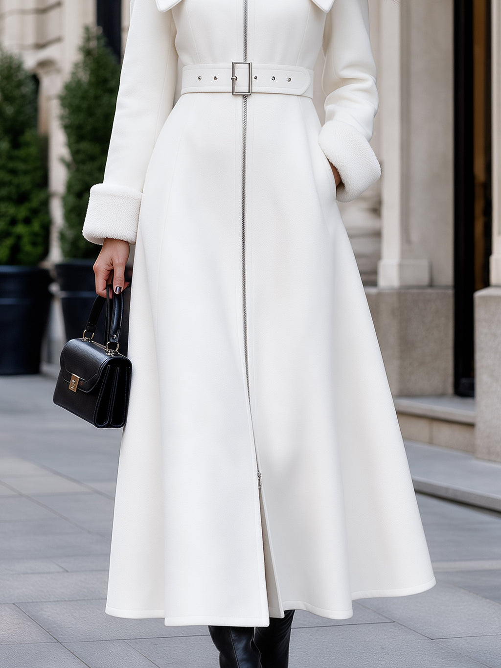 Women's Long Wool-Blend Coat with Shearling Collar & Belted Waist