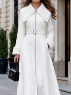 Women's Long Wool-Blend Coat with Shearling Collar & Belted Waist