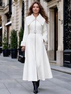 Women's Long Wool-Blend Coat with Shearling Collar & Belted Waist