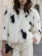 Cropped Collarless Faux Fur Jacket With Spotted Patterning