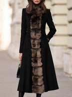 Faux Fur Trimmed Stand Collar Longline Fit-and-Flare Coat