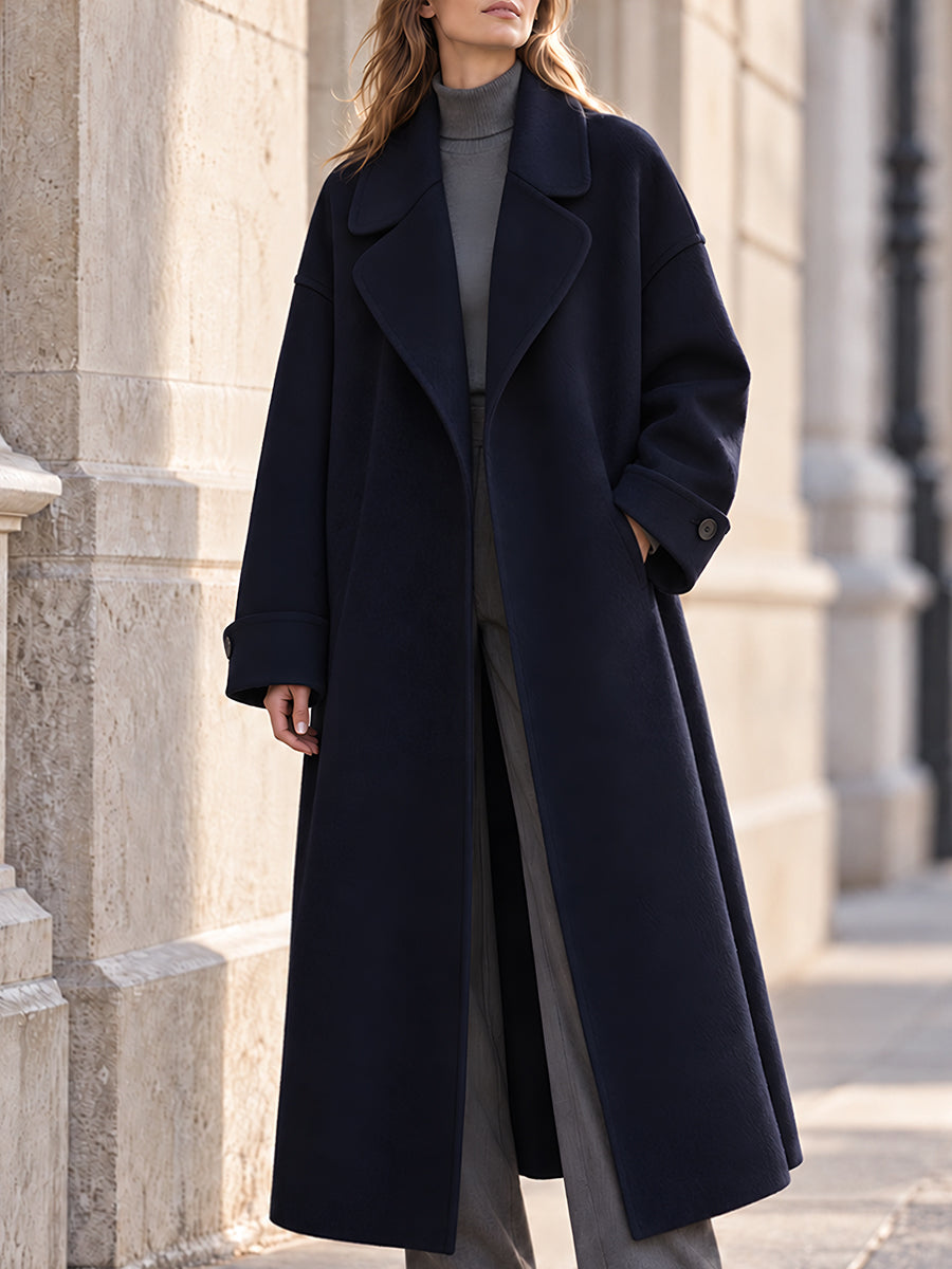 Oversized Long Wool Blend Coat with Notched Lapel