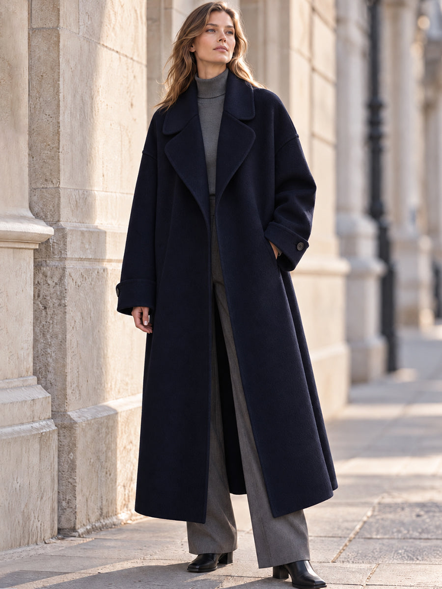 Oversized Long Wool Blend Coat with Notched Lapel