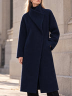 Women's Belted Wrap Wool Coat - Oversized Collar Long Trench