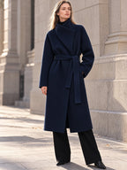 Women's Belted Wrap Wool Coat - Oversized Collar Long Trench