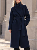Women's Belted Wrap Wool Coat - Oversized Collar Long Trench