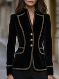 Braided Trim Stand Collar Velvet Military Blazer With Dome Buttons