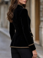 Braided Trim Stand Collar Velvet Military Blazer With Dome Buttons