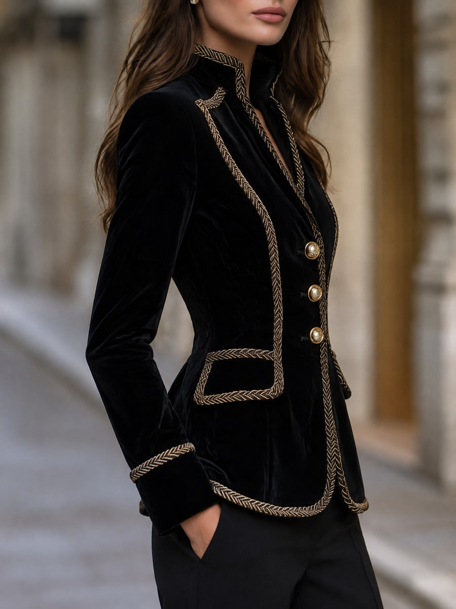 Braided Trim Stand Collar Velvet Military Blazer With Dome Buttons