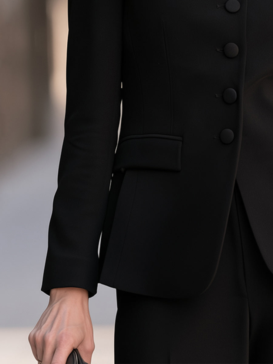 Satin-Trimmed Stand-Collar Single-Breasted Tailored Blazer