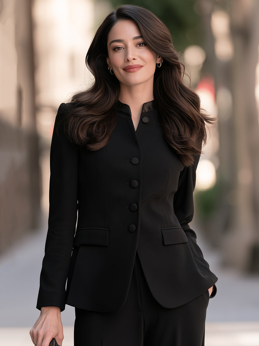 Satin-Trimmed Stand-Collar Single-Breasted Tailored Blazer