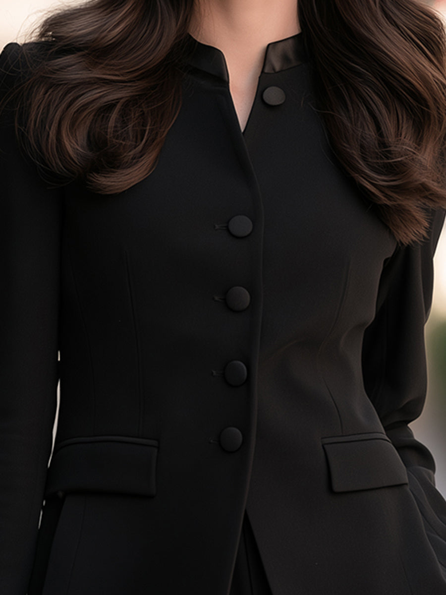 Satin-Trimmed Stand-Collar Single-Breasted Tailored Blazer