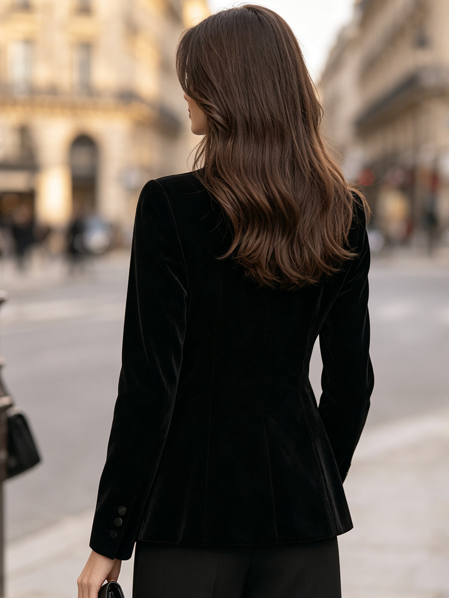 Stand-Collar Single-Breasted Velvet Tailored Blazer