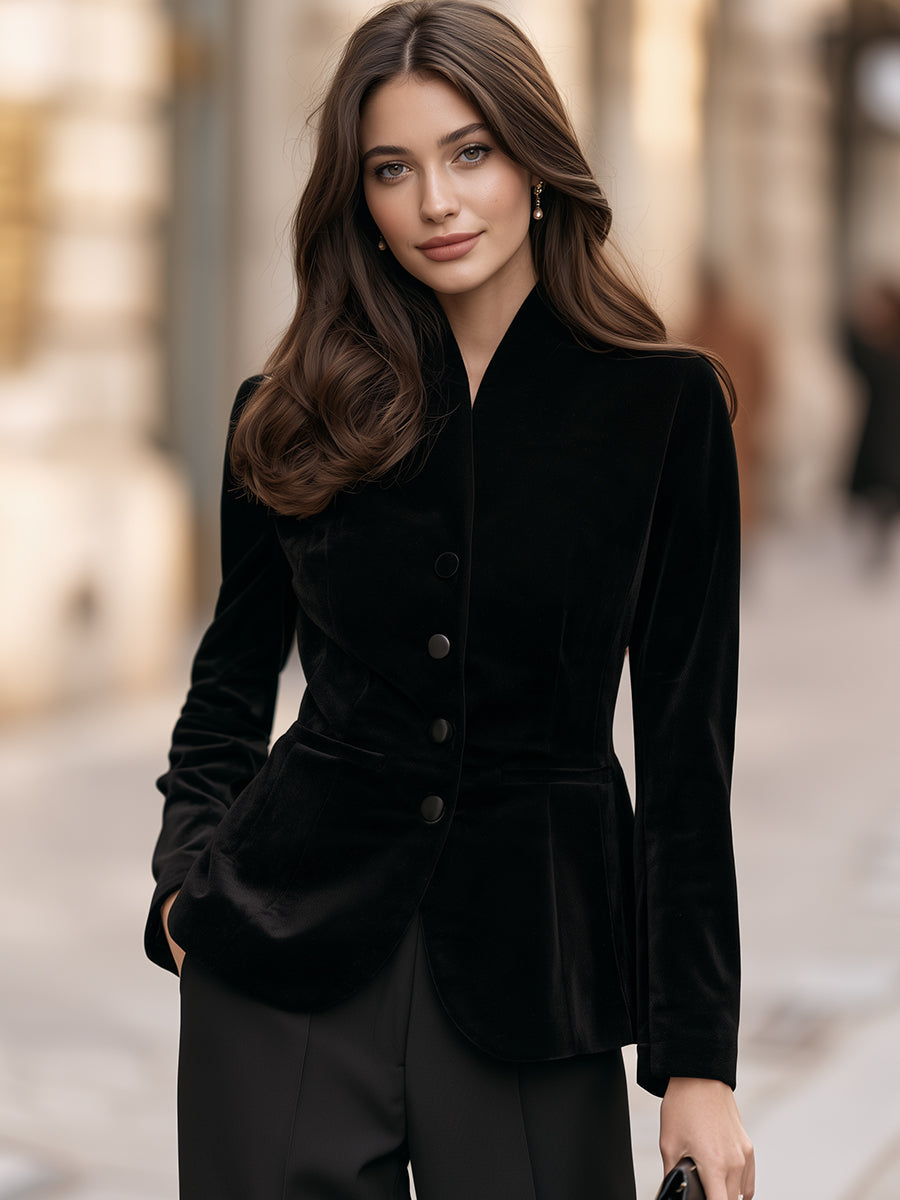 Stand-Collar Single-Breasted Velvet Tailored Blazer