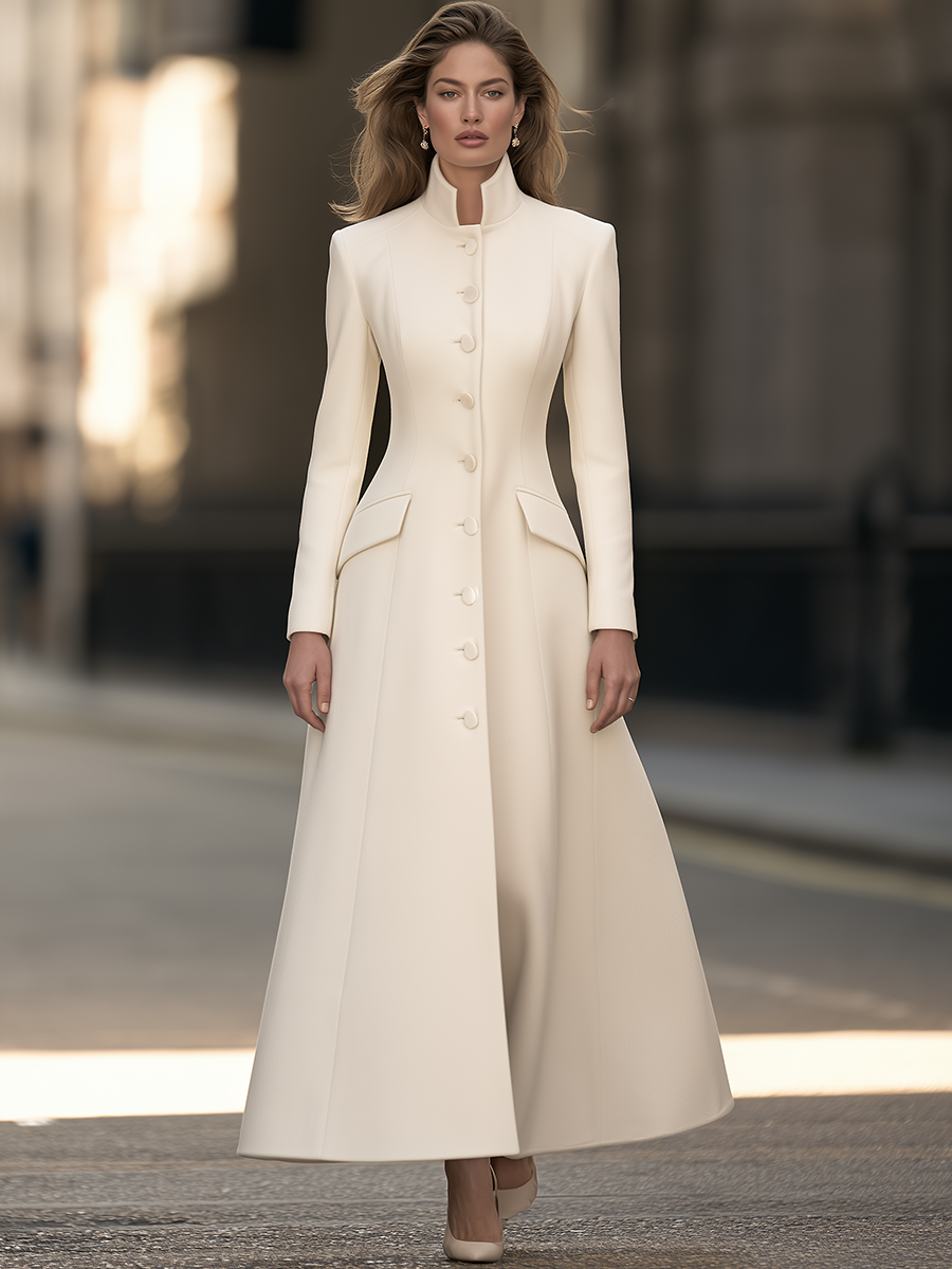 Stand Collar Long Sleeve Single-Breasted Fit And Flare Maxi Coat With Flap Pockets