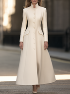 Stand Collar Long Sleeve Single-Breasted Fit And Flare Maxi Coat With Flap Pockets
