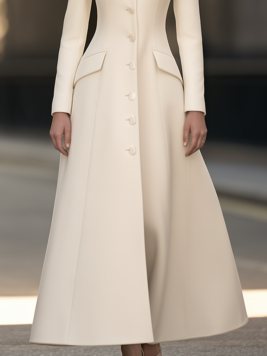 Stand Collar Long Sleeve Single-Breasted Fit And Flare Maxi Coat With Flap Pockets